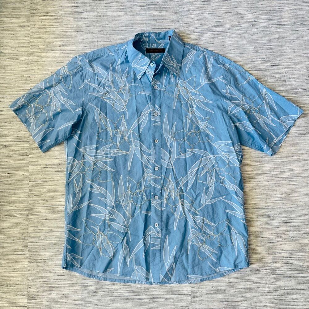 Tori Richard Cotton Jacquard Bamboo Hawaiian Shirt Blue Resort Button Up Men L